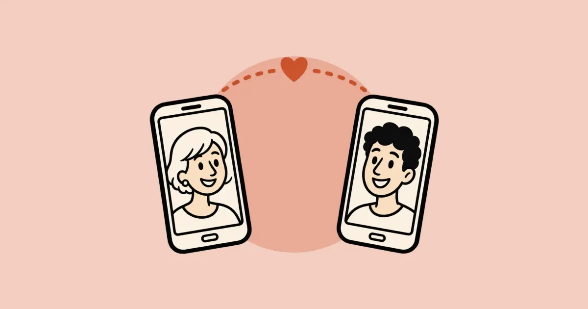 Dos celulares enfrentados: en uno sonríe una mujer mayor y en el otro un joven, unidos por una línea punteada con un corazón.
